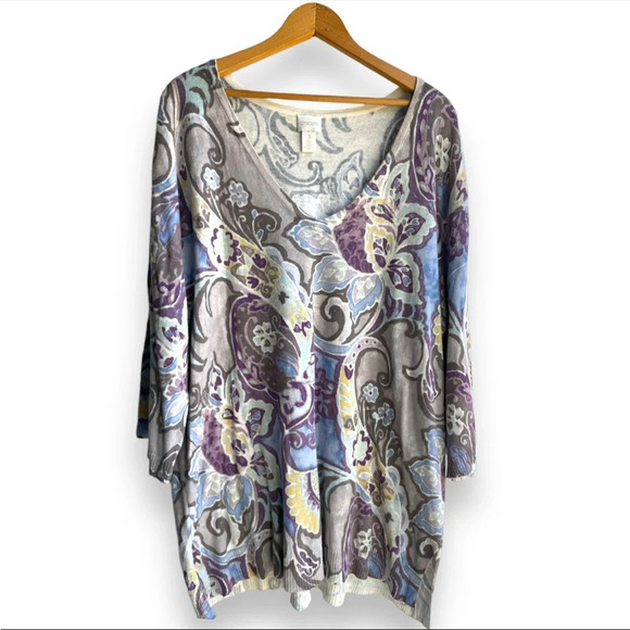 Chico’s Stamped Paisley v neck tunic Sweater size XLarge (3) - Picture 2 of 7